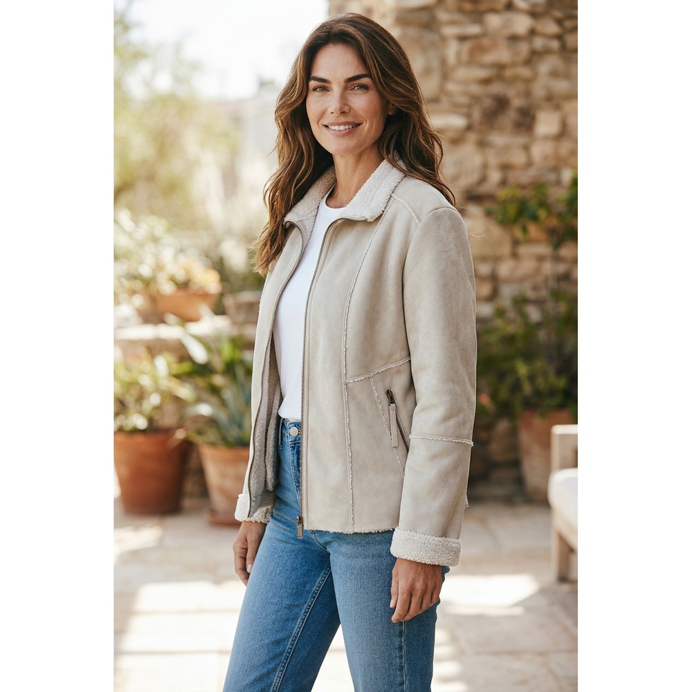 Chicos Faux Suede Shearling Zip Jacket Beige Tan Size 1 Medium Panelled Seams
